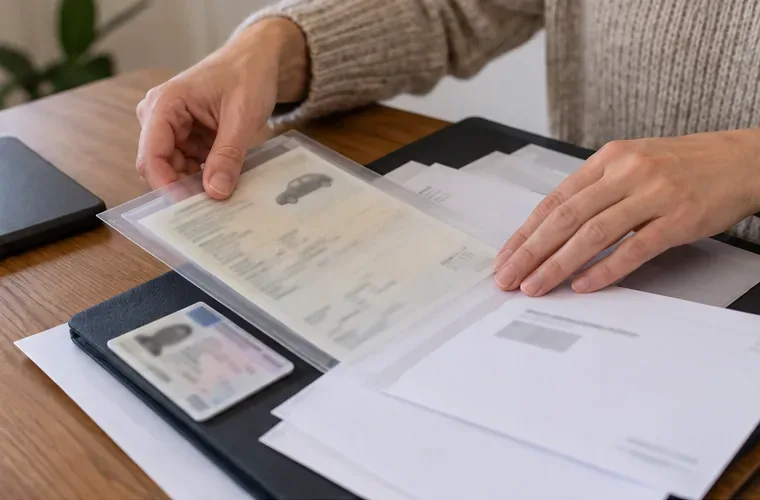 Des mains organisent un certificat d’immatriculation et des pièces justificatives avant de les numériser, sans donnée personnelle lisible
