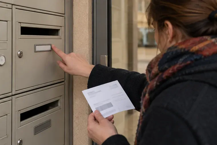 Une résidente vérifie le nom sur une boîte aux lettres tout en tenant un courrier dont les détails sont illisibles