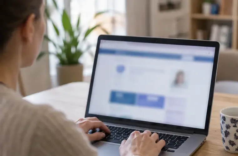 Personne utilisant un ordinateur portable pour effectuer une démarche de santé en ligne, écran volontairement illisible