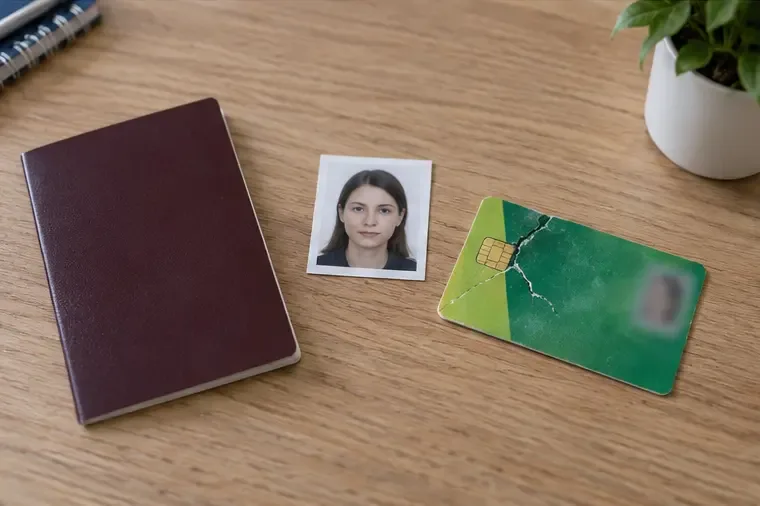 Photo d’identité et document d’identité posés à côté d’une carte Vitale fissurée sur un bureau