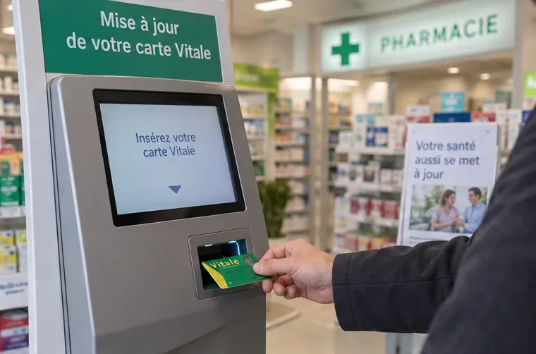 Une personne présente sa Carte Vitale devant une borne de mise à jour située dans une pharmacie