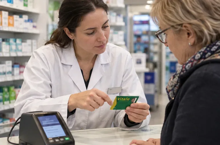 Une pharmacienne examine une Carte Vitale avec une cliente au comptoir de la pharmacie