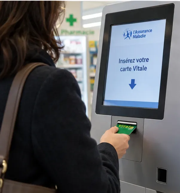 Une assurée insère sa Carte Vitale dans une borne de pharmacie pour l’actualiser