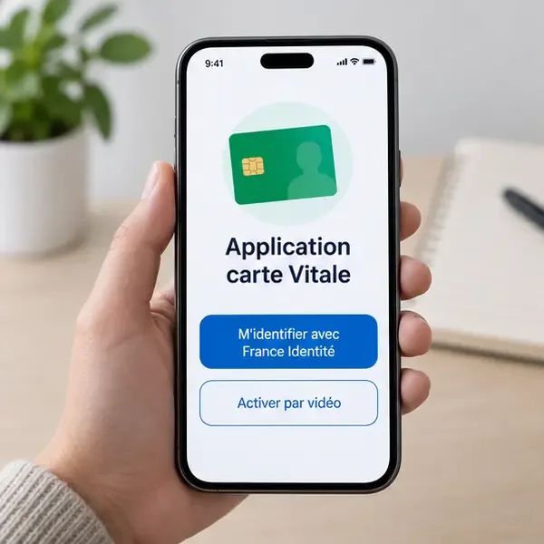 Écran d’un smartphone montrant les choix « M’identifier avec France Identité » et « Activer par vidéo » dans l’application carte Vitale