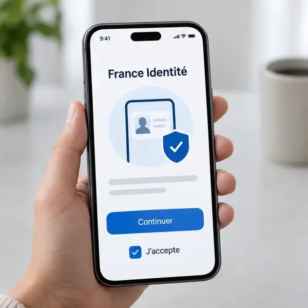 Écran illustratif de France Identité affichant les boutons « Continuer » et « J’accepte » avant la vérification