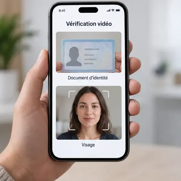 Écran illustratif de vérification vidéo montrant un document d’identité puis un visage dans le cadre de la caméra