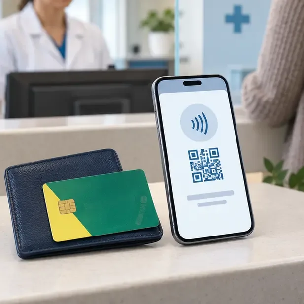Smartphone affichant des symboles QR code et sans contact à côté d’un portefeuille dans un espace d’accueil de soins