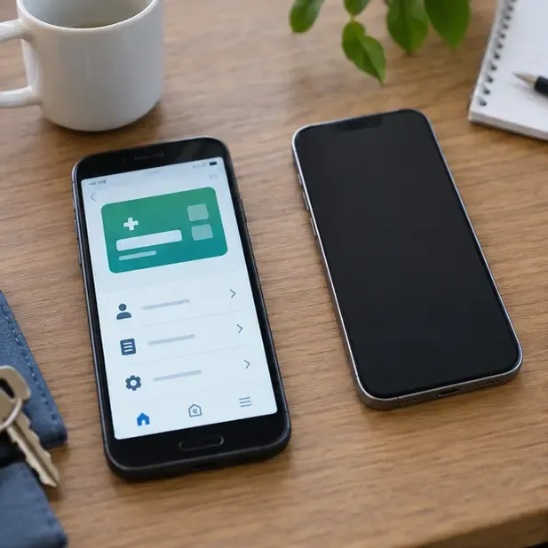 Deux smartphones posés sur une table, dont un affiche une application de santé et l’autre est prêt à être configuré