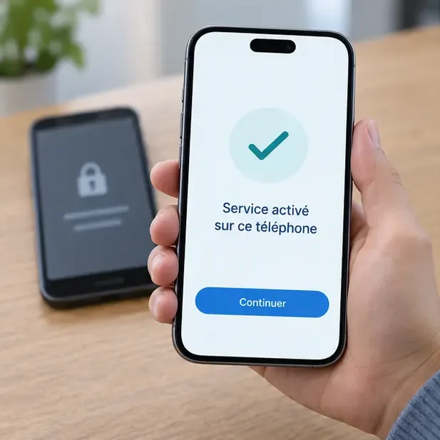 Nouveau smartphone affichant une confirmation générique de service activé tandis qu’un ancien téléphone apparaît verrouillé en arrière-plan