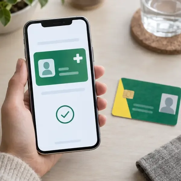 Smartphone tenu en main affichant une carte de santé numérique validée, posé à côté d’une carte Vitale physique