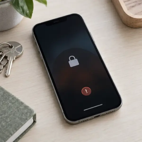 Téléphone posé sur une table avec un écran verrouillé et un symbole d’alerte, illustrant la première mesure à prendre après une perte