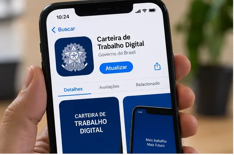 Tela ilustrativa de uma loja de aplicativos com a Carteira de Trabalho Digital e o botão Atualizar em destaque.