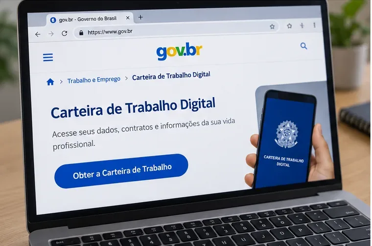 Notebook exibindo uma página ilustrativa do gov.br dedicada à Carteira de Trabalho Digital, com opção de obter a carteira pela web.