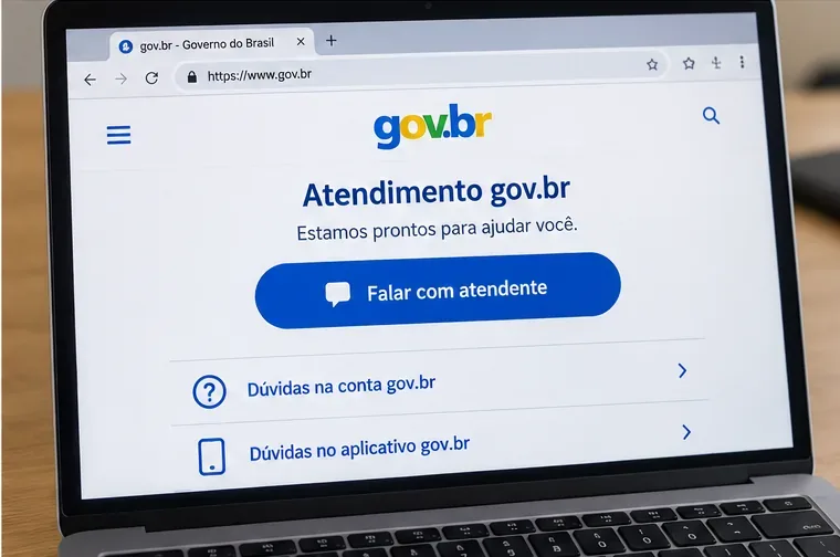 Notebook exibindo uma página ilustrativa de atendimento gov.br com opções de ajuda para conta e aplicativo.