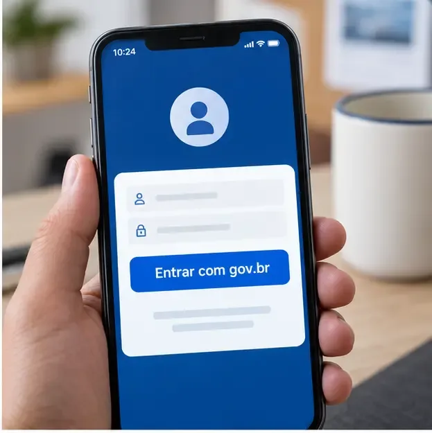 Celular exibindo uma tela de acesso com o botão Entrar com gov.br