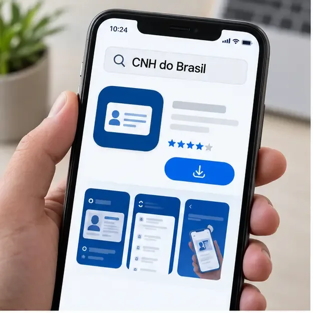 Mão segurando celular com busca pelo aplicativo CNH do Brasil em uma loja de aplicativos