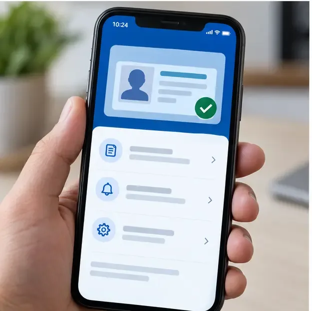 Celular mostrando uma interface azul de documentos e configurações do aplicativo