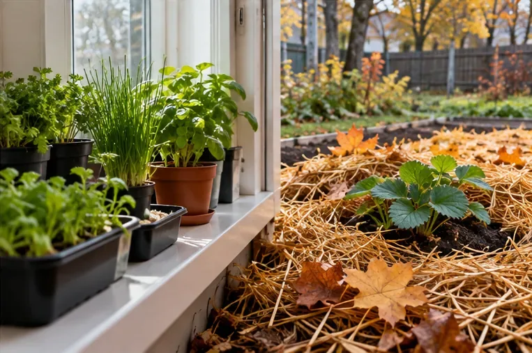 Ghivece cu plante aromatice pe un pervaz luminos și un strat exterior acoperit cu paie în jurul unei plante perene