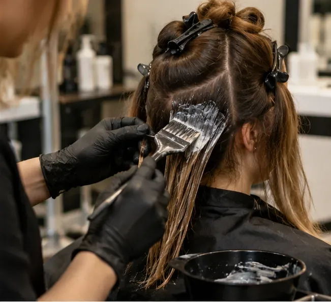 Aplicare profesională a produsului de colorare pe șuvițe separate în salon