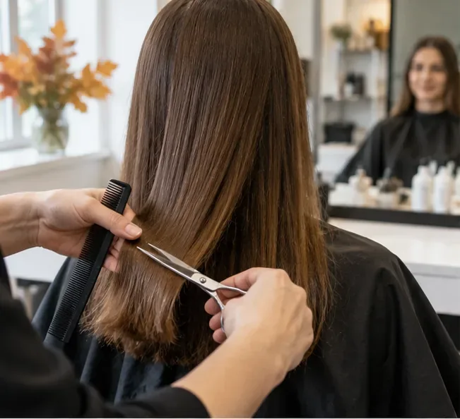 Coafeză care taie vârfurile unui păr lung și drept într-un salon