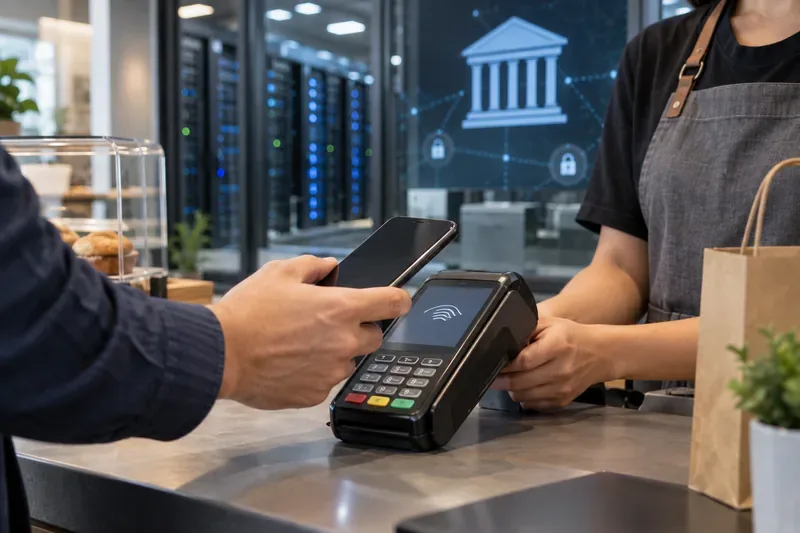 A shopper taps a smartphone on a contactless terminal while server racks and a central-bank symbol appear behind the checkout