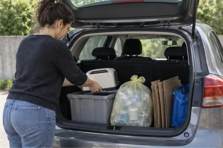 Una donna sistema nel bagagliaio di un’auto una piccola apparecchiatura elettrica e contenitori con materiali già separati.