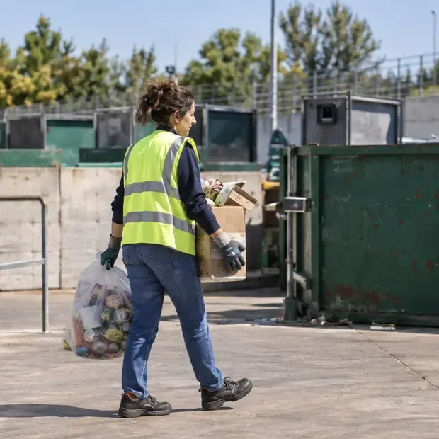 Visitatrice con gilet ad alta visibilità e scarpe chiuse mentre trasporta rifiuti selezionati