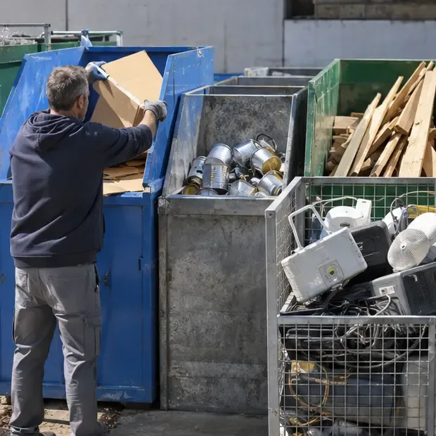 Contenitori distinti per cartone, metalli, legno e piccoli apparecchi elettrici in un centro di raccolta