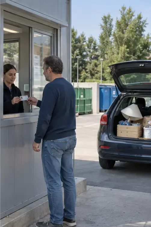 Cittadino che mostra un documento a un’addetta all’ingresso della ricicleria mentre l’auto attende nell’area di accesso