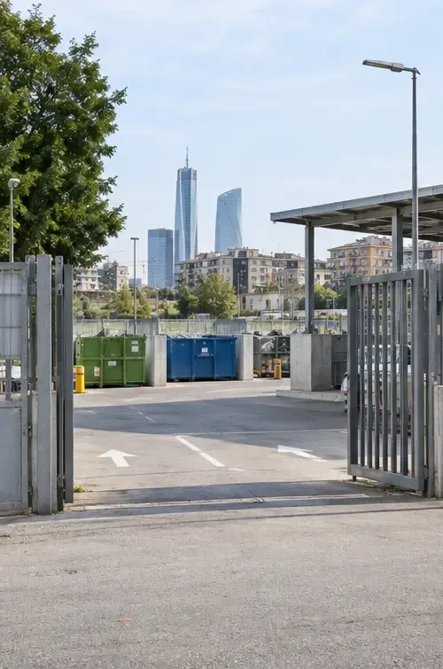 Ingresso di un centro di raccolta comunale con contenitori separati e skyline urbano milanese sullo sfondo