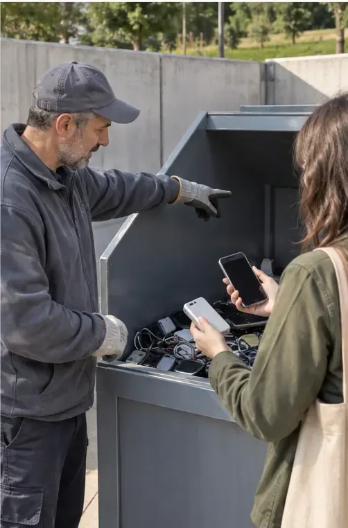 Operatore che indica un contenitore per piccoli dispositivi elettronici mentre una cittadina tiene due telefoni