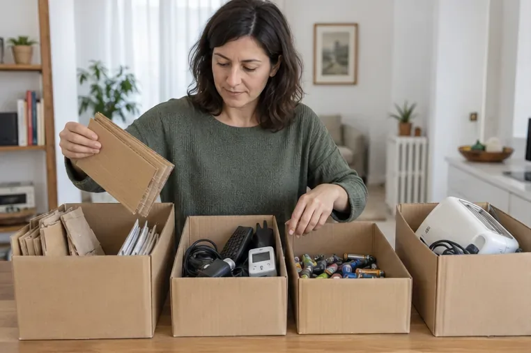 Una residente separa cartone, cavi, batterie e un piccolo apparecchio in scatole diverse prima di andare al centro di raccolta