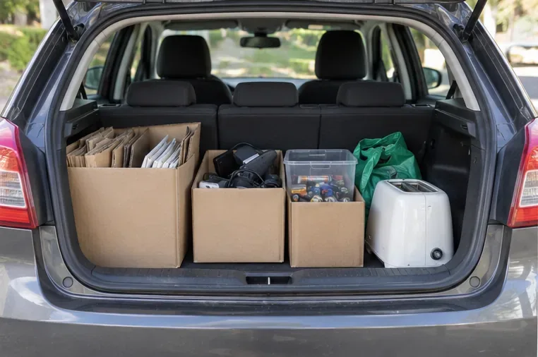 Il bagagliaio di un’auto contiene scatole separate con cartone, cavi, batterie protette e un piccolo elettrodomestico