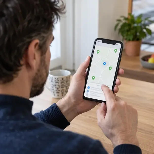 Persona che controlla su uno smartphone una mappa con punti di raccolta prima di recarsi al centro ecologico