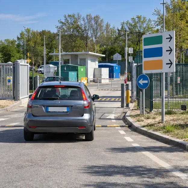 Automobile che arriva all’ingresso di un centro di raccolta ordinato con contenitori colorati e segnaletica direzionale