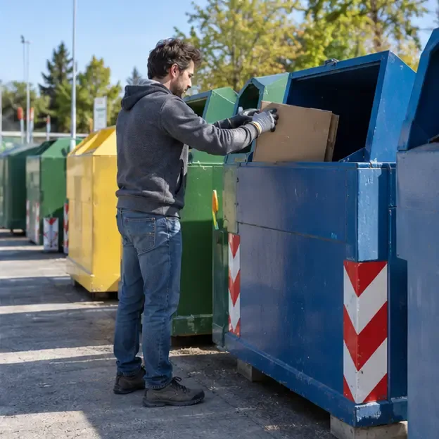 Persona con guanti e scarpe chiuse che deposita cartone in un grande contenitore blu accanto ad altri cassoni per la raccolta differenziata