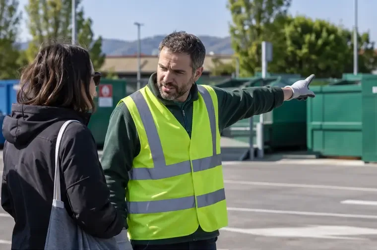 Operatore con gilet ad alta visibilità che indica a una cittadina la direzione corretta nell’area di raccolta