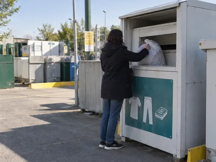 Persona che conferisce un sacco chiuso nel contenitore per tessili di un’area di raccolta
