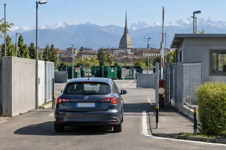 Automobile che entra lentamente in un centro di raccolta comunale con sbarra e corsia di accesso