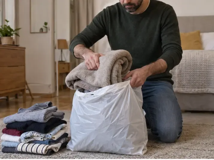 Persona che piega coperte e altri tessili puliti dentro un sacco resistente in casa