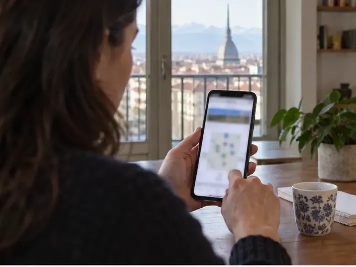 Persona che controlla su uno smartphone una mappa sfocata dei centri di raccolta in un appartamento con vista urbana