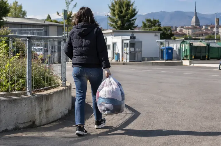 Cittadina con sacco chiuso che cammina nell’area del centro indossando scarpe chiuse