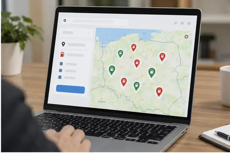 Laptop z ogólną mapą Polski, znacznikami stacji i panelem filtrów