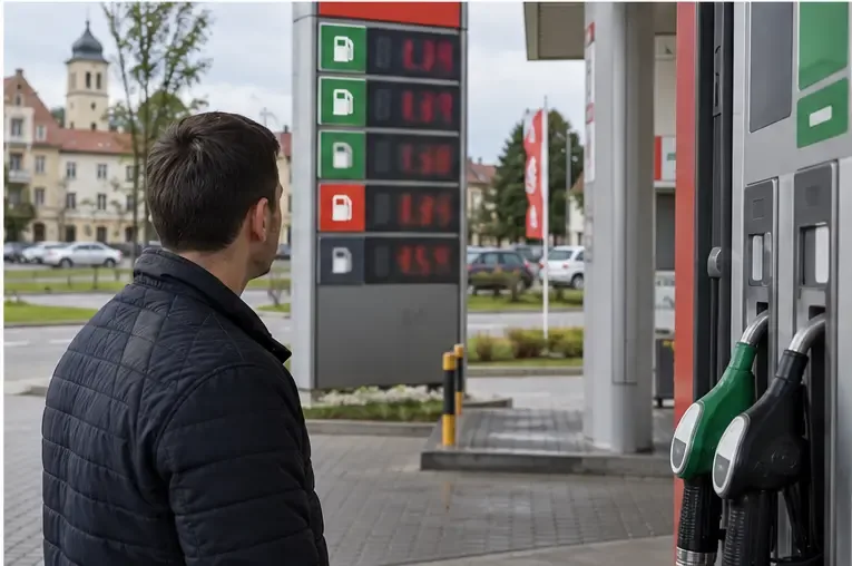 Kierowca odczytujący pylon cenowy obok dystrybutorów paliwa na miejskiej stacji
