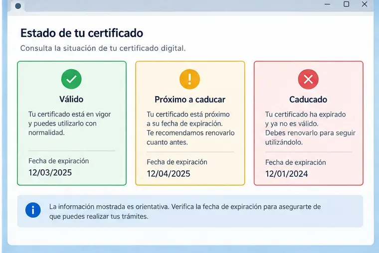 Panel genérico que distingue entre certificado válido, próximo a caducar y caducado