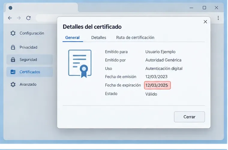 Ventana genérica de detalles de un certificado con la fecha de expiración resaltada