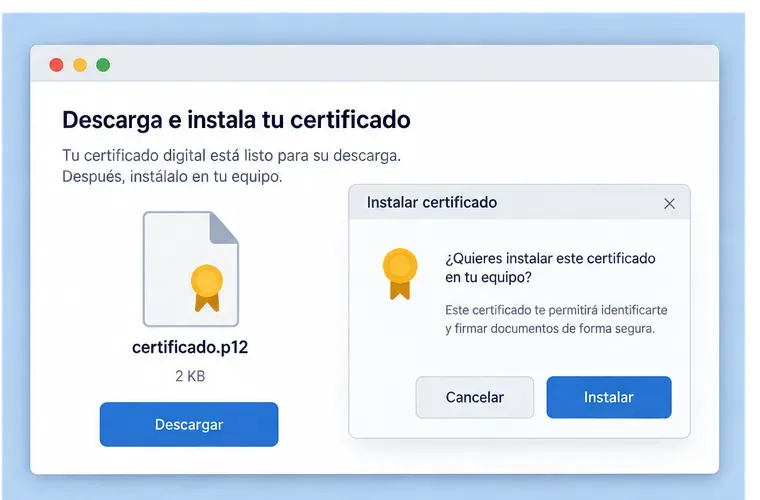 Diálogo genérico de descarga e instalación de un archivo de certificado digital
