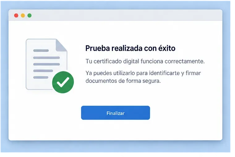 Pantalla genérica de confirmación de una prueba de certificado digital con un símbolo verde