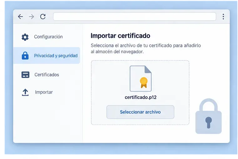 Ventana genérica del almacén del navegador para importar un archivo de certificado