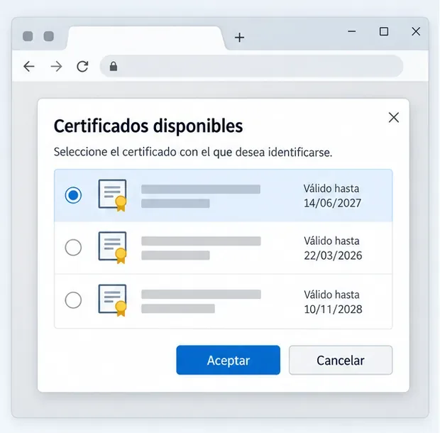 Ventana ilustrativa de un navegador con varias opciones de certificado y sus fechas de validez